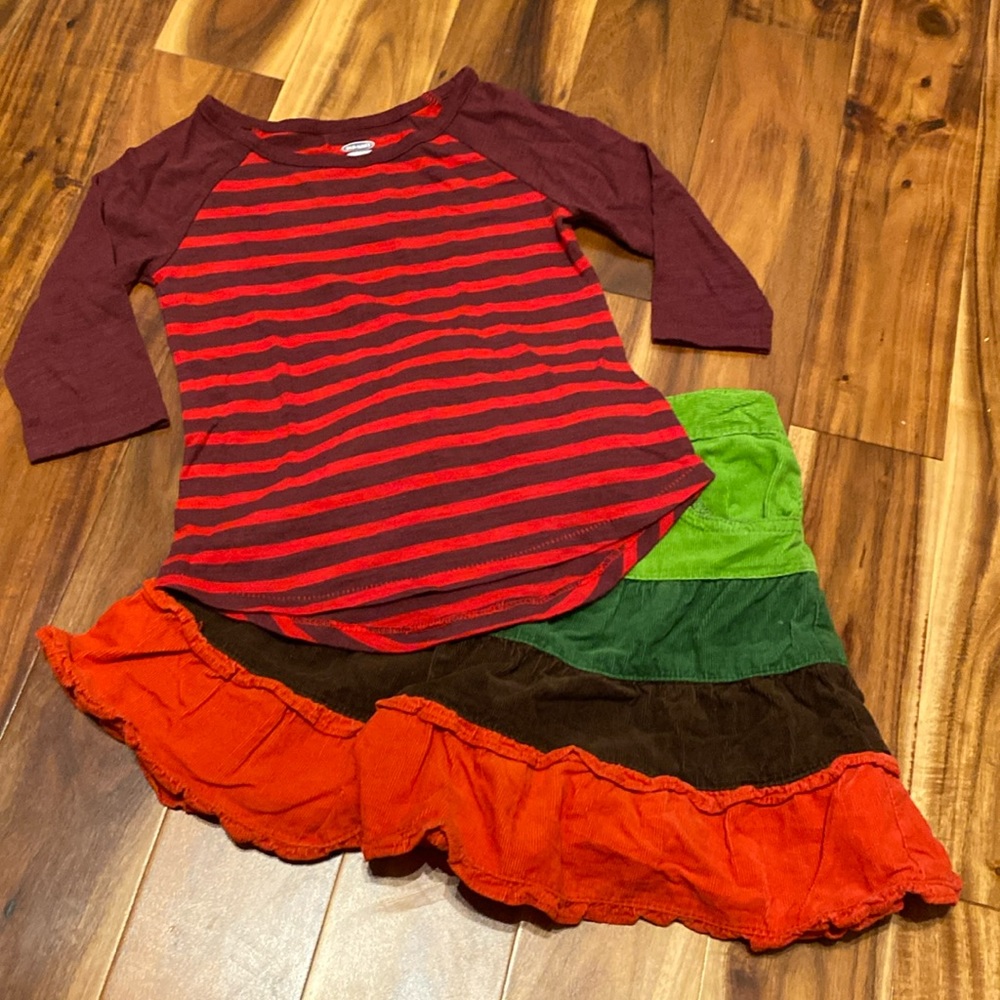 Girl’s Size 3 Outfit: Tiered Colour-block Corduroy Skirt & Striped T-shirt